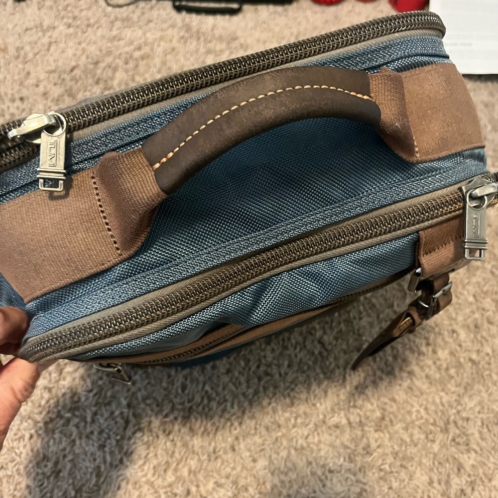Tumi Blue and Brown Ballistic Nylon Backpack with Leather Accents - Picture 3 of 14